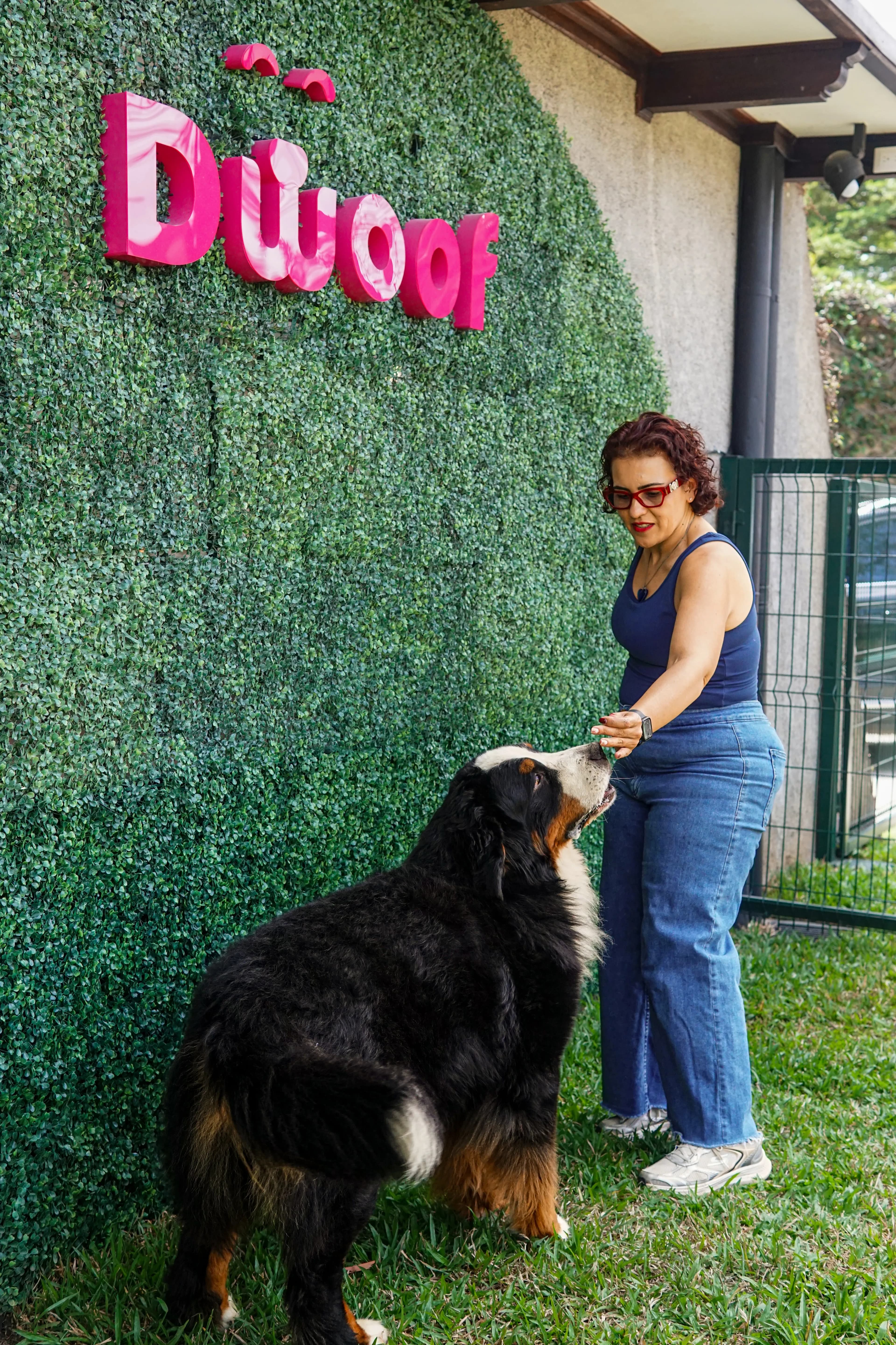Logo Dwoof sobre el jardín y un perro en el césped