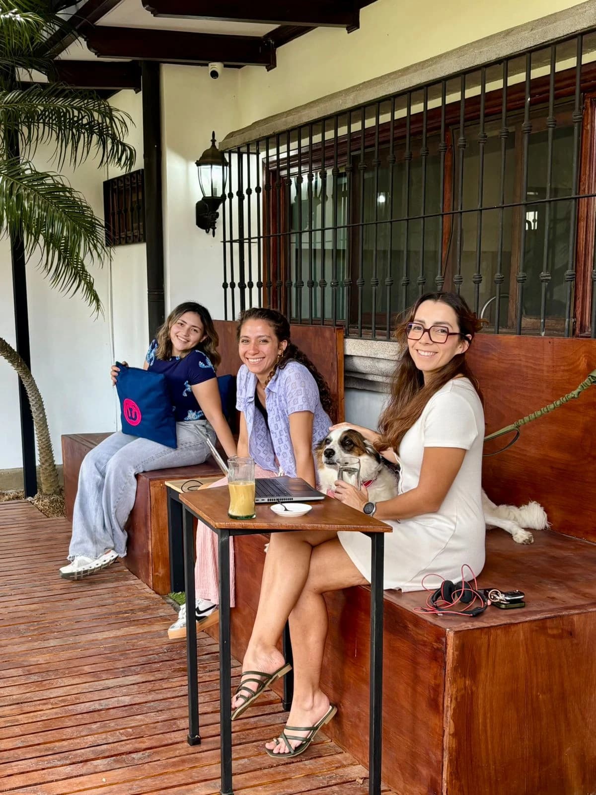 Personas y un perro compartiendo mesa al aire libre en Dwoof