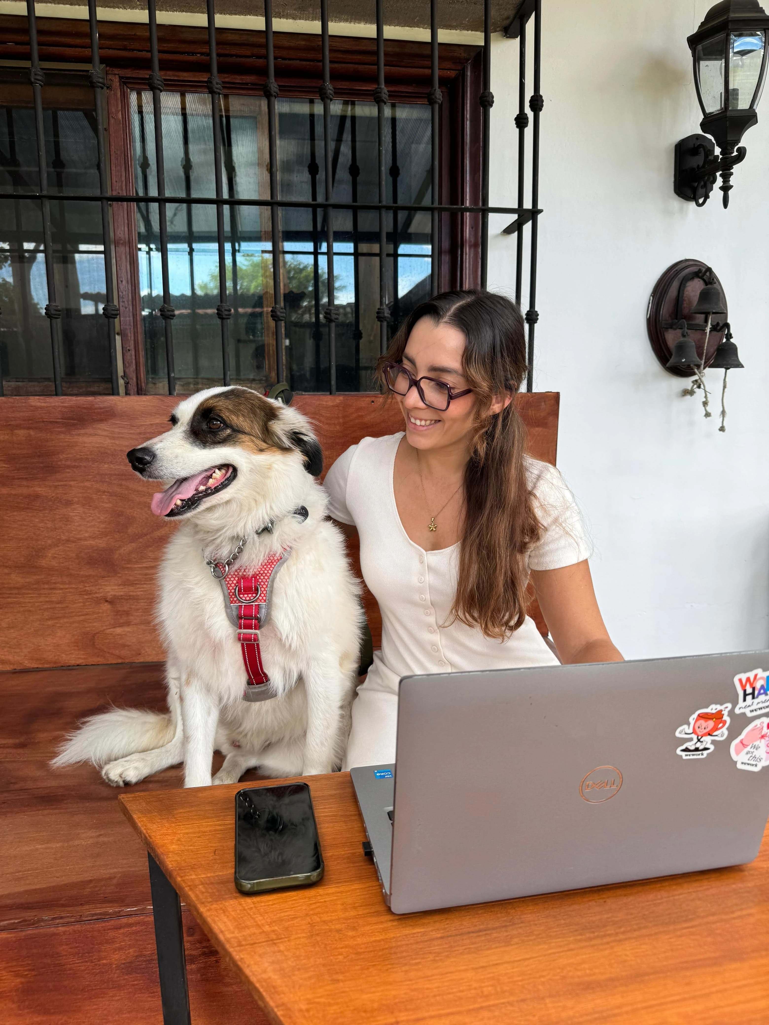 Mujer y perro trabajando en la terraza de Dwoof